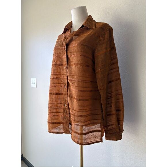 cold water creek burnt orange stripped button front long sleeve - Picture 3 of 5